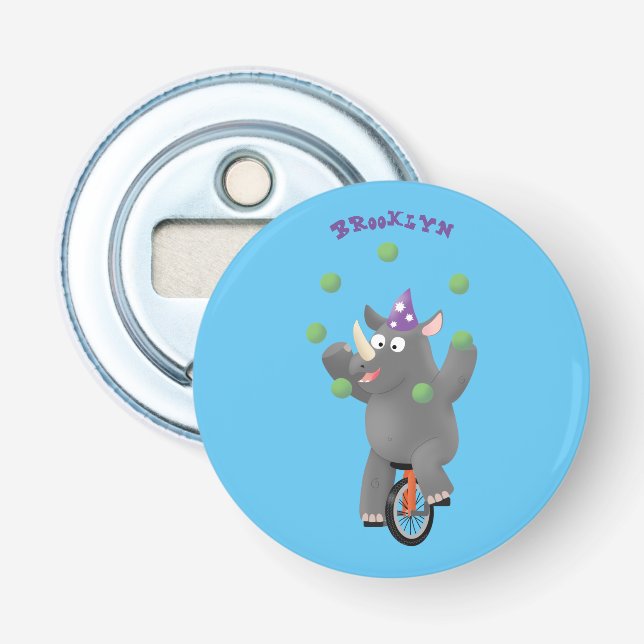 Funny cute rhino juggling on unicycle bottle opener (Front)