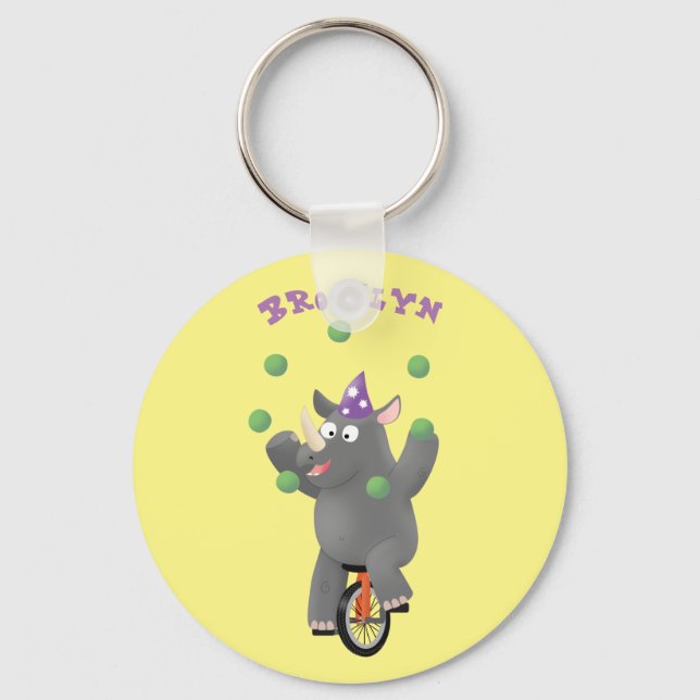 Funny cute rhino juggling on unicycle cartoon keychain (Front)