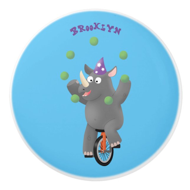Funny cute rhino juggling on unicycle ceramic knob (Front)