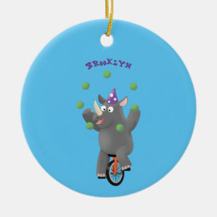 Funny cute rhino juggling on unicycle ceramic ornament