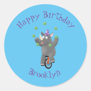 Funny cute rhino juggling on unicycle classic round sticker