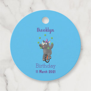 Funny cute rhino juggling on unicycle favour tags
