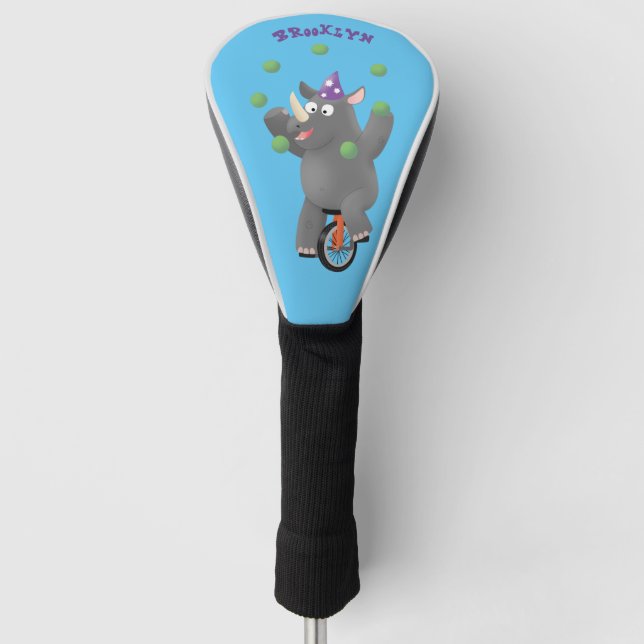 Funny cute rhino juggling on unicycle golf head cover (Front)