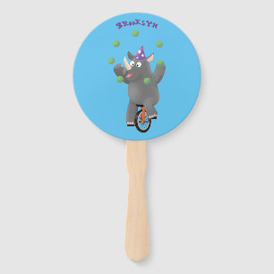 Funny cute rhino juggling on unicycle hand fan