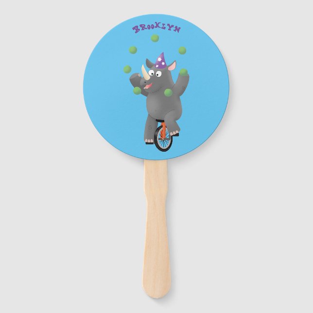 Funny cute rhino juggling on unicycle hand fan (Front)