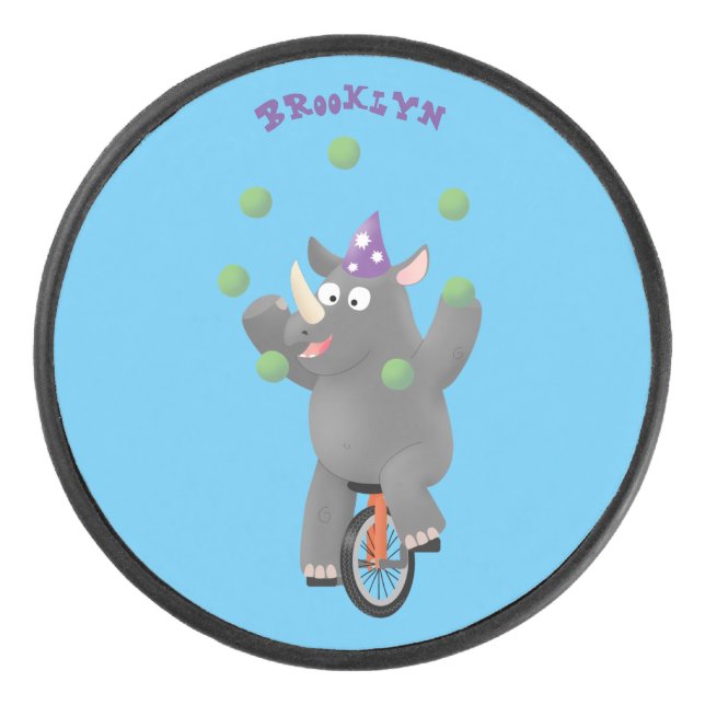 Funny cute rhino juggling on unicycle hockey puck (Front)