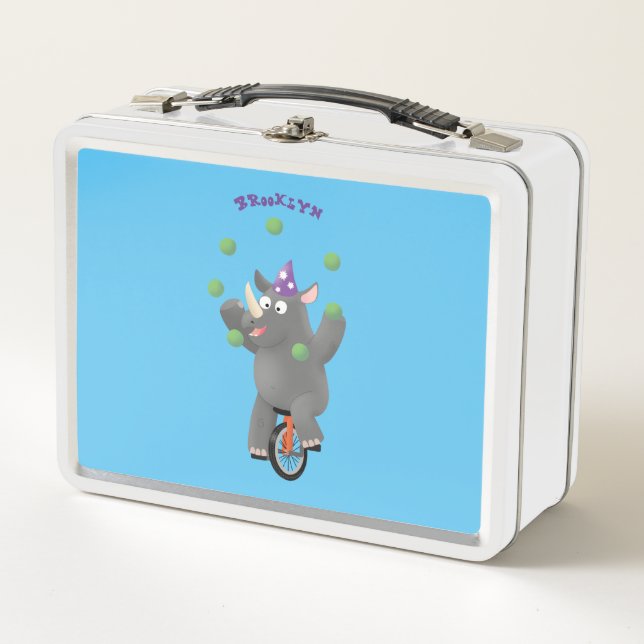 Funny cute rhino juggling on unicycle metal lunch box (Front)