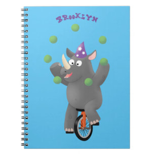 Funny cute rhino juggling on unicycle notebook