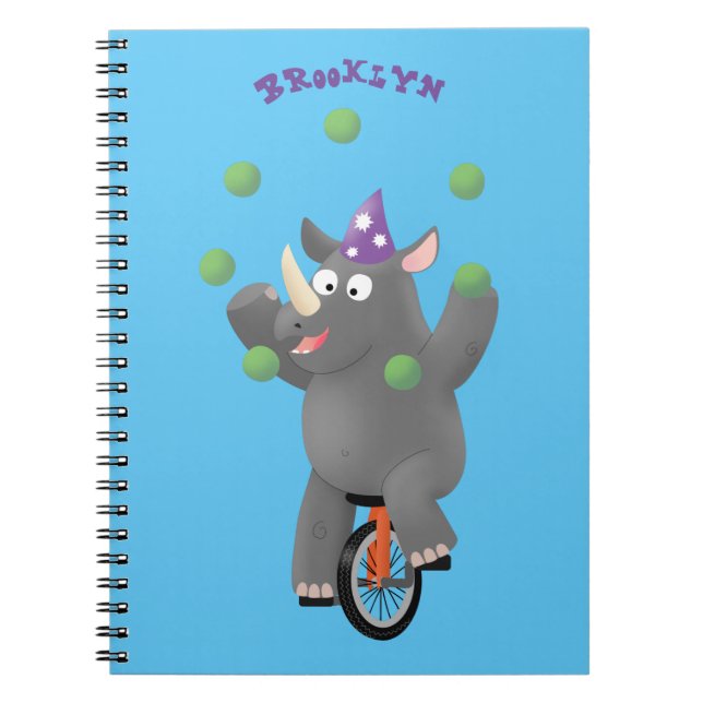 Funny cute rhino juggling on unicycle notebook (Front)