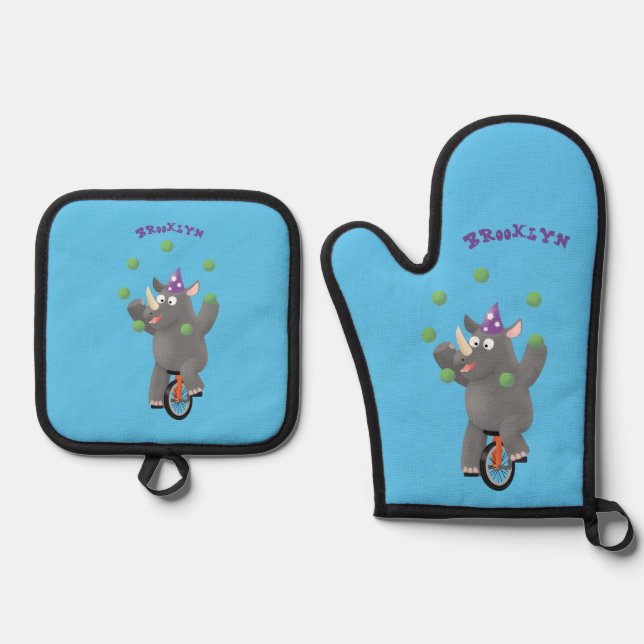 Funny cute rhino juggling on unicycle oven mitt & pot holder set (Front)
