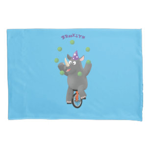 Funny cute rhino juggling on unicycle pillowcase
