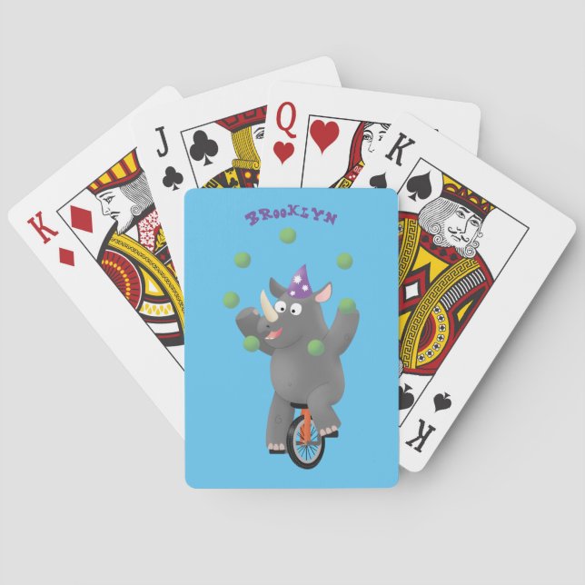 Funny cute rhino juggling on unicycle playing cards (Back)