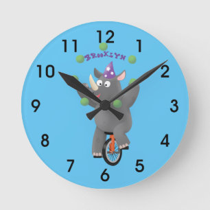 Funny cute rhino juggling on unicycle round clock