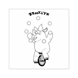Funny cute rhino juggling on unicycle rubber stamp