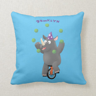 Funny cute rhino juggling on unicycle  throw pillow