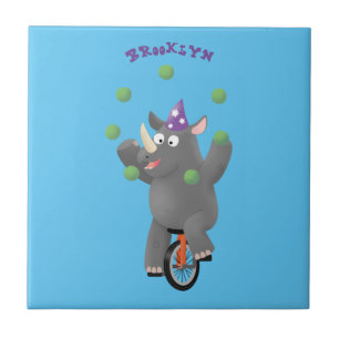 Funny cute rhino juggling on unicycle tile