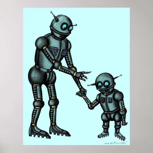Funny cute robot and robot baby art poster (Front)