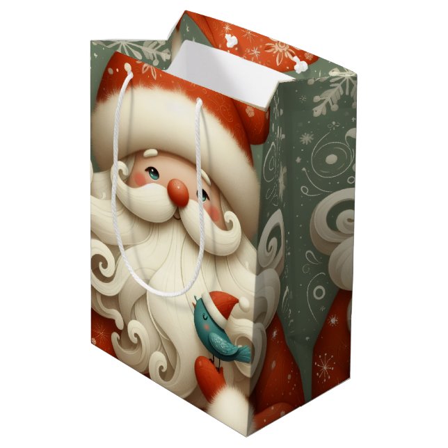 Funny Cute Santa with Little Bird Medium Gift Bag (Back Angled)