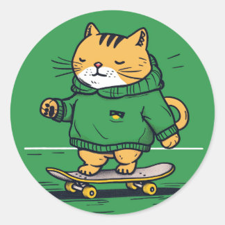 Funny Cute Skate Cat On Skateboard Classic Round Sticker