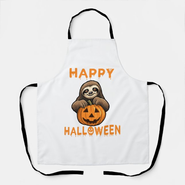 Funny Cute Sloth Holding Pumpkin Apron (Front)