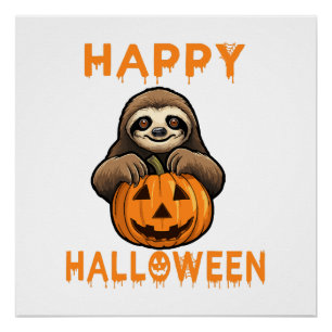 Funny Cute Sloth Holding Pumpkin Poster