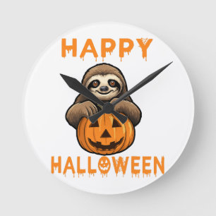 Funny Cute Sloth Holding Pumpkin Round Clock