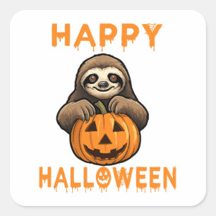 Funny Cute Sloth Holding Pumpkin Square Sticker