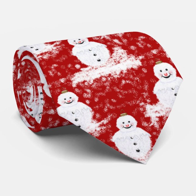 Funny, Cute smiling Snowmans White and Red colour Tie (Rolled)