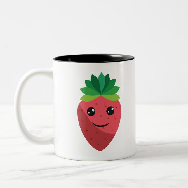 Funny Cute Smiling Strawberry Gift Two-Tone Coffee Mug (Left)