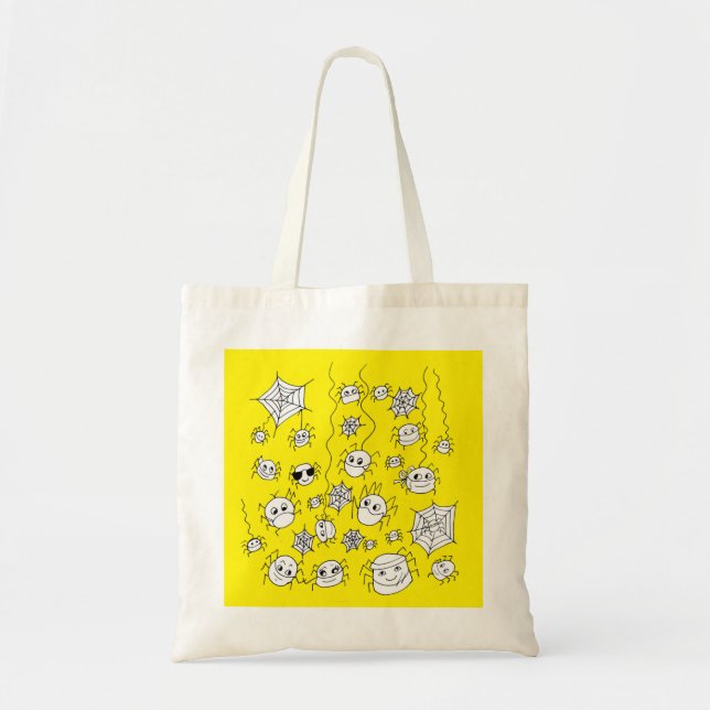 Funny Cute Spiders in Face Masks Yellow Cartoon Tote Bag (Front)