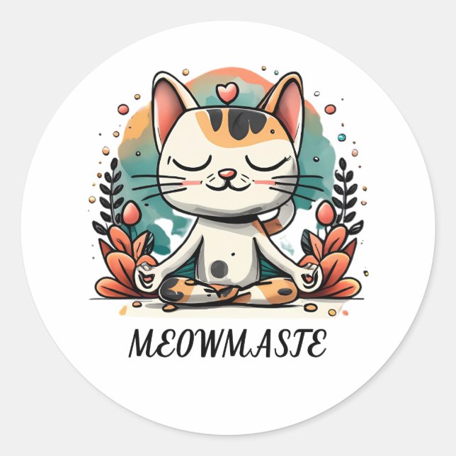Funny Cute Spiritual Cat Meditating "MEOWMASTE" Classic Round Sticker (Front)