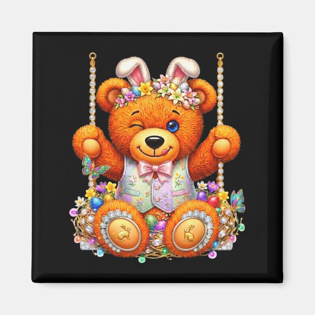 Funny cute teddy bear winking eyes easter basket  magnet (Front)