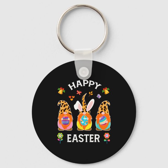 Funny cute three gnomes bunny holding egg happy keychain (Front)
