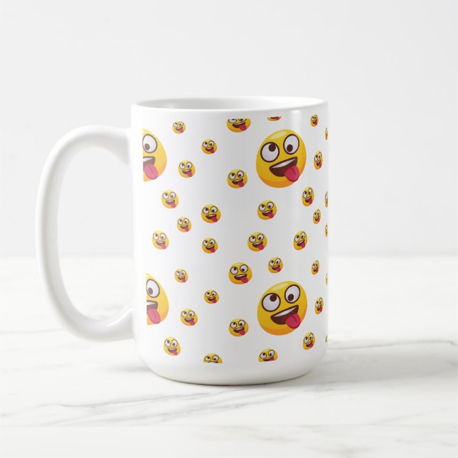 "Funny Cute Tongue-Out Emoji Design" Coffee Mug (Left)