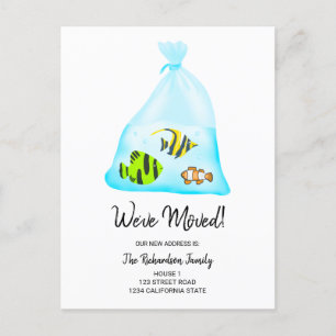 Funny cute tropical fishes illustration moving announcement postcard
