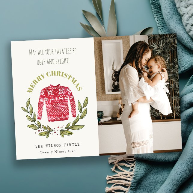 Funny Cute Ugly Sweater Red Green Photo Christmas Holiday Card (Creator Uploaded)