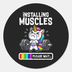 Funny Cute Unicorn Workout Gym Fitness Weightlifti Classic Round Sticker