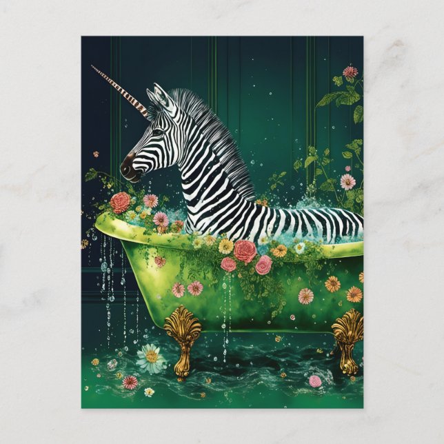 Funny Cute Unicorn Zebra in a Bathtub Postcard (Front)