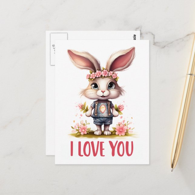Funny Cute Valentine Rabbit Pink I Love You Postcard (Front/Back In Situ)