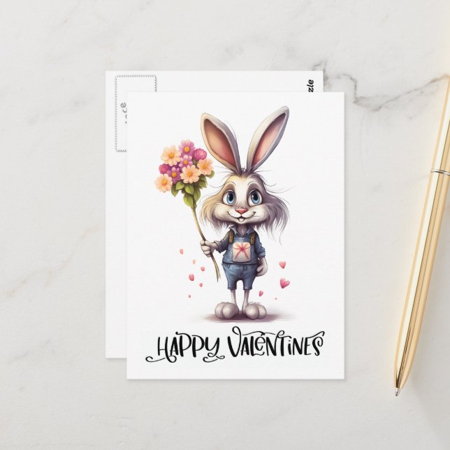 Funny Cute Valentine Rabbit Postcard (Front/Back In Situ)