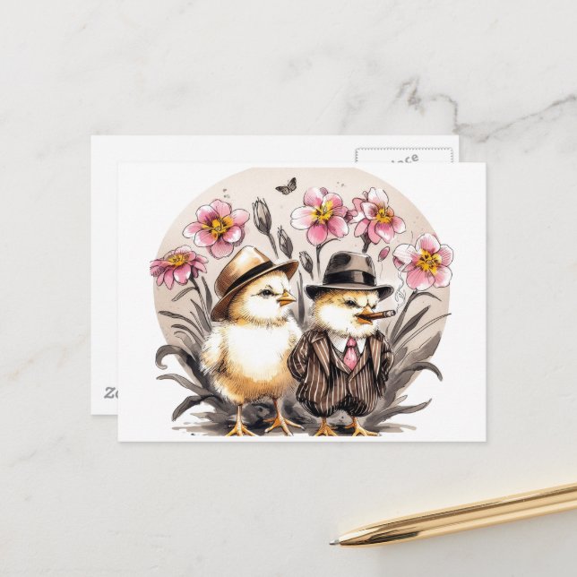 Funny Cute Vintage Easter Chicks Postcard (Front/Back In Situ)