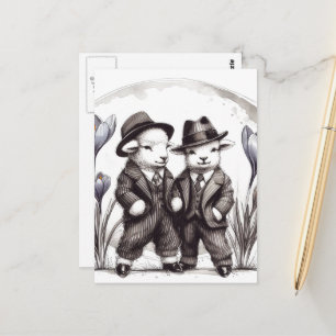 Funny Cute Vintage Easter Lambs in Suits Postcard
