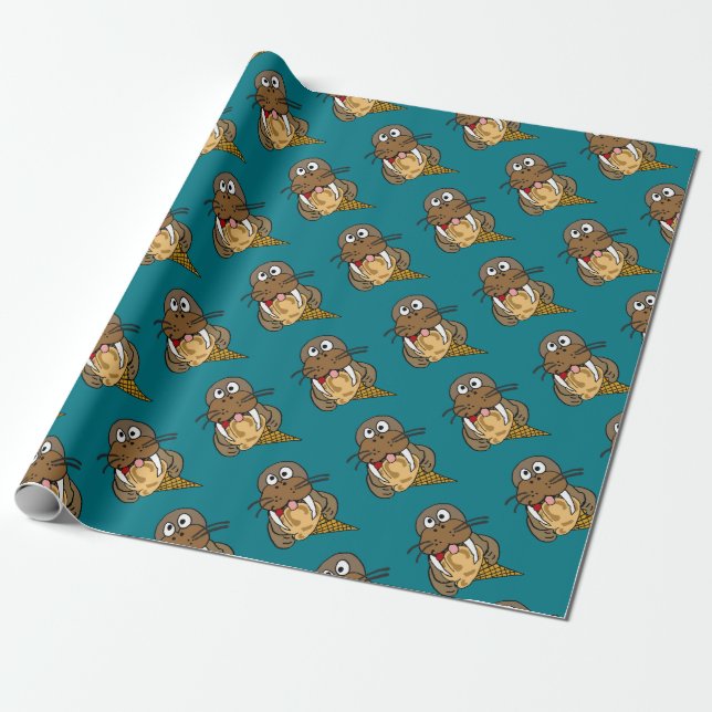 Funny Cute Walrus Eating Ice Cream Wrapping Paper (Unrolled)