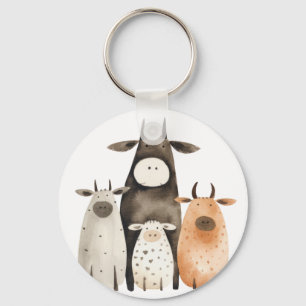 Funny cute watercolor cows familly humour farm  keychain
