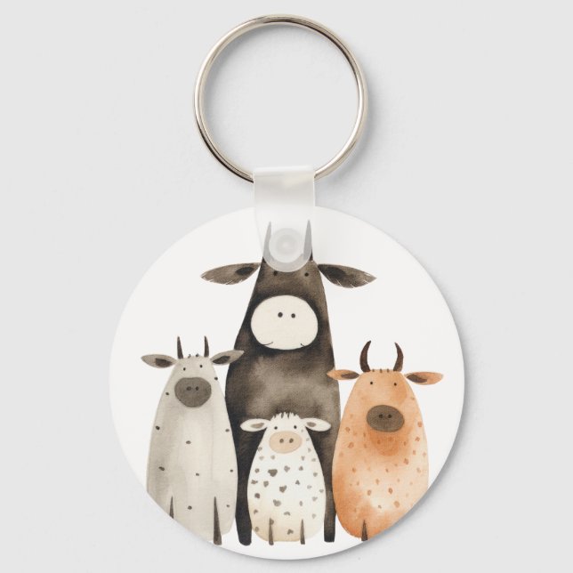Funny cute watercolor cows familly humour farm  keychain (Front)