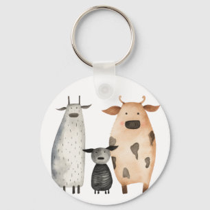 Funny cute watercolor cows familly humour farm  keychain