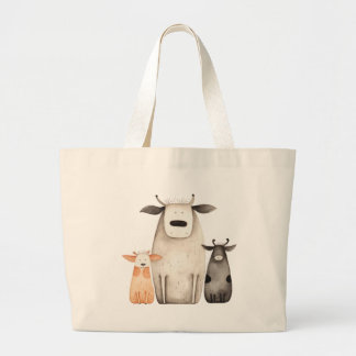 Funny cute watercolor cows familly humour farm large tote bag