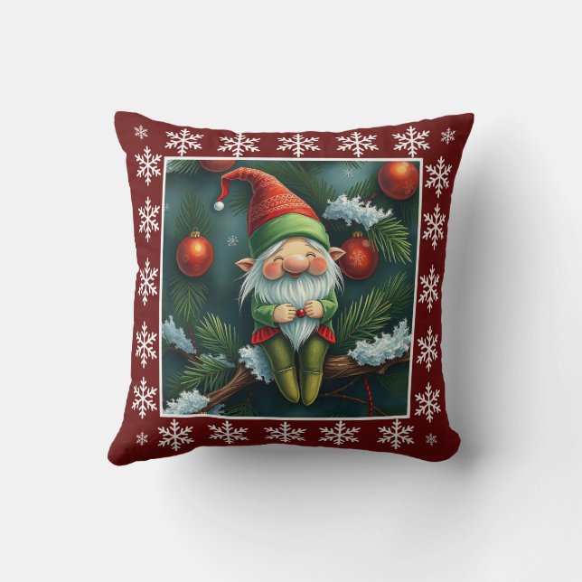 Funny Cute Winter Whimsical Scandinavian Gnome Throw Pillow (Back)