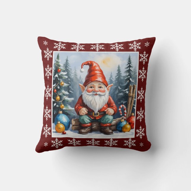 Funny Cute Winter Whimsical Scandinavian Gnome  Throw Pillow (Back)
