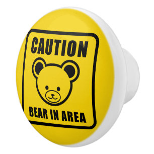 Funny Cute Yellow Black Teddy Bear Warning Sign Ceramic Knob